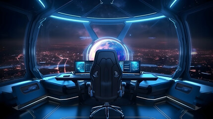 Spaceship cockpit interior, spacecraft control room, generative AI. Inside futuristic shuttle,Generative Ai