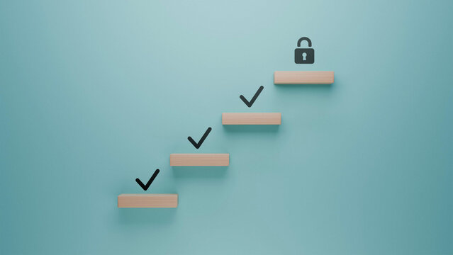 Title: Wooden blocks forming a staircase with check marks, lock icon on final step, conceptual image of goal achievement, security and success journey on teal background