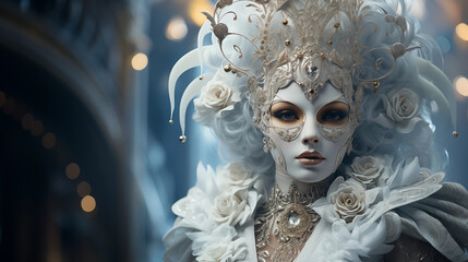 Mujer disfrazada carnaval de Venecia, blancos y dorados, color hielo, close-up de frente, elegante, reclamo turístico, invitación evento