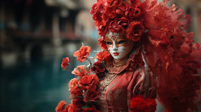 Mujer disfrazada carnaval de Venecia, rojos y dorados, color hielo fondo, medio de frente, elegante, reclamo turístico, invitación evento