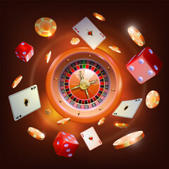Casino illustration.Gambling vector design with poker cards, dices, roulette wheel and playing chips. Game design, flyer, poster, banner, advertisement.