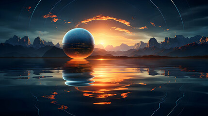 Sunrise over majestic mountain range orbiting sphere in futuristic illustration generated by AI
