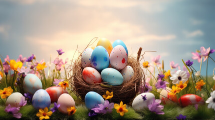 Obraz na płótnie Canvas Serene Easter Harmony: A Colorful Picture-Perfect Wallpaper Arrangement
