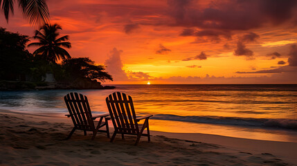 Sunset with beach chairs on a tropical beach in JamaicaGenerated with AI.