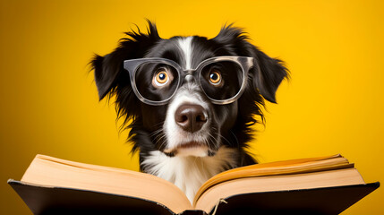 Surprised dog in glasses holding opened book, on yellow background ,Generated with AI.