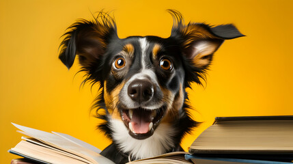 Surprised dog in glasses holding opened book, on yellow background ,Generated with AI.