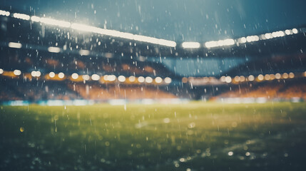 Sports stadium with lights on. Big arena, grandstand. Rainy weather. Green grass. Blur effect. Soccer, American football, rugby. Bad weather conditions for playing. Canceling a game. Generated AI
