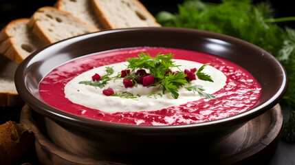 Tasty borsch soup as healthy starter and hot. Cream of beetroot with cream ,Generated with AI.