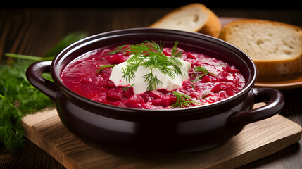 Tasty borsch soup as healthy starter and hot. Cream of beetroot with cream ,Generated with AI.
