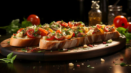 Sandwich or bruschetta with pear and blue cheese on white plate on black background,Generated with AI.