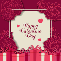 Valentine frame with empty space and flower decoration on red background