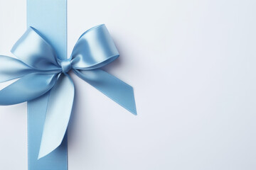 Blue gift ribbon with a bow against a gray background. Generative Ai
