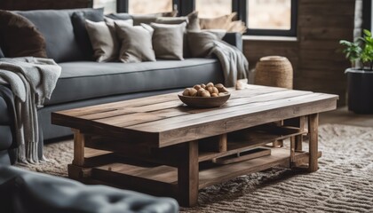 Rustic aged barn wood coffee table near grey sofa against big grid windows. Farmhouse home interior