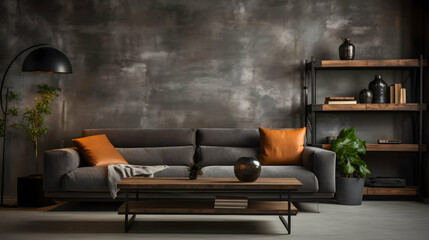 The stylish compostion at living room interior with design gray sofa, wooden coffee table,Generative Ai