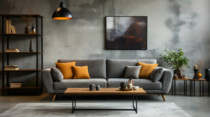 The stylish compostion at living room interior with design gray sofa, wooden coffee table,Generative Ai
