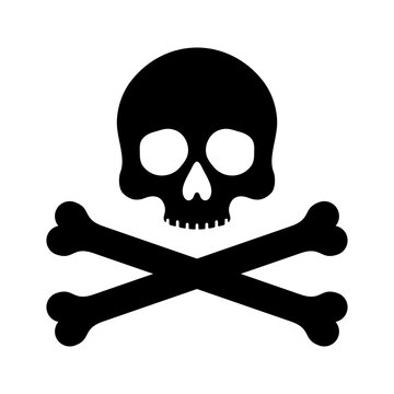 Skull with crossed bones icon silhouette, Human skeleton head. Death, pirate and danger symbol. Jolly Roger logo template. Vector illustration