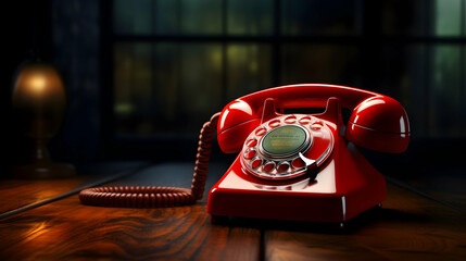 Red telephone on a wooden table. 3d illustration,Generative Ai.