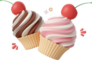 Birthday cupcake with macarons or celebration party, Happy Birthday, 3d illustration