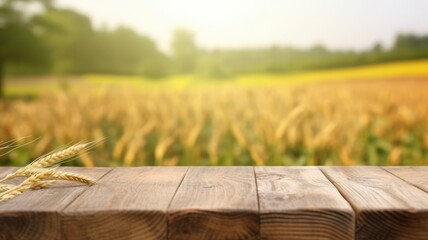 The empty wooden table top with blur background of wheat farm. Generative AI image AIG30. - obrazy, fototapety, plakaty