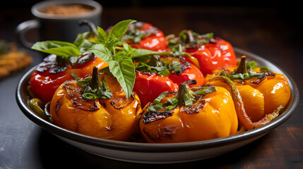 Roasted paprika. Peperonata Italian cuisine: roasted bell pepper with capers and basil,Generated by AI