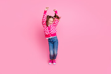 Portrait of lovely funky girl with ponytails wear print sweater denim pants raising hands up dancing isolated on pink color background