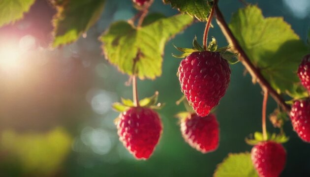  a bunch of raspberries hanging from a tree with the sun shining through the leaves on a sunny day in the country side of the country side of the road.