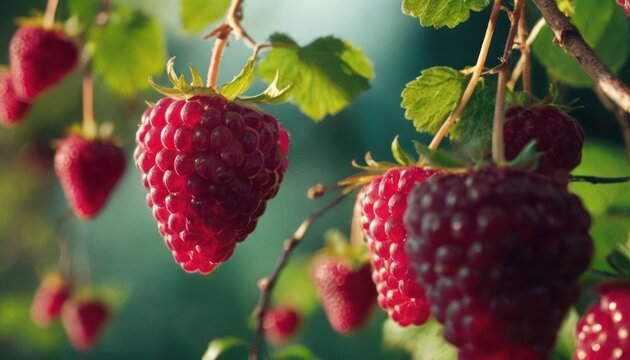  a close up of a bunch of raspberries hanging from a tree with green leaves and bright sunlight shining through the leaves on a sunny day with a blurry background.