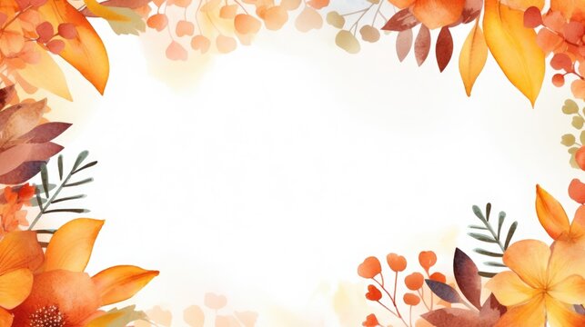 watercolor autumn border frame with flowers and leaves, copy space or free place for text