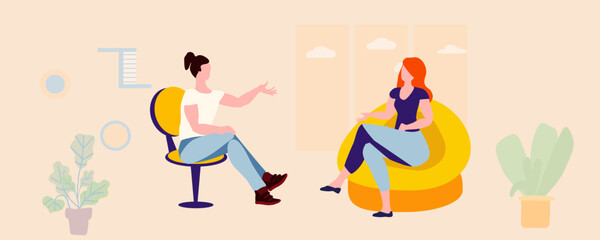 A girl interviews a guy in a room with a window. Friendly conversation. Interior, room, yellow. Vector illustration.