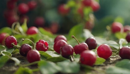  a close up of cherries on a tree branch with leaves and a blurry background of other cherries on a tree branch, with green leaves and red berries in the foreground.