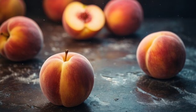  a group of peaches sitting next to each other on a black surface with a few more peaches in the middle of the picture and one on the right side of the photo.