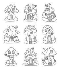 Fantasy mushroom house. Coloring Page. Forest fairy home. Food with doors and windows. Hand drawn style. Vector drawing. Collection of design elements.