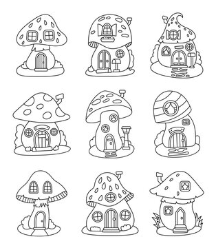 Fantasy mushroom house. Coloring Page. Forest fairy home. Food with doors and windows. Hand drawn style. Vector drawing. Collection of design elements.