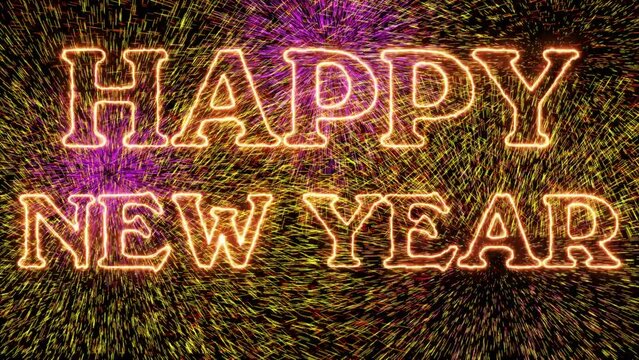 Happy New Year, Golden Firework background, New Year Celebration. Fire text that says Happy New Year. 