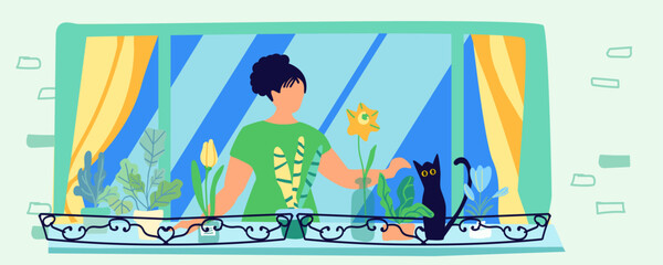 Woman on the balcony with a cat and houseplants. Self-care. Home flowers on the balcony. Hobby. The concept of harmony and self-care, building a happy inner world and a prosperous lifestyle