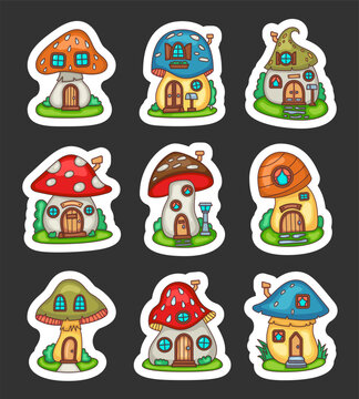 Fantasy mushroom house. Sticker Bookmark. Forest fairy home. Food with doors and windows. Hand drawn style. Vector drawing. Collection of design elements.