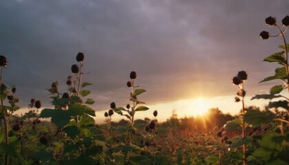  a field of sunflowers with the sun setting in the distance in the distance, with a dark cloud in the sky, and a sun setting in the distance in the foreground.