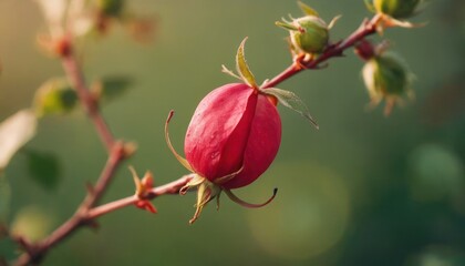  a close up of a flower bud on a tree branch with a blurry background of leaves and branches in the foreground, with only one flower bud in the foreground.