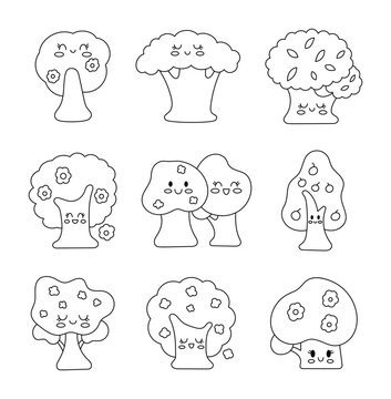Cute kawaii spring tree. Coloring Page. Cartoon characters. Nature and environment. Hand drawn style. Vector drawing. Collection of design elements.