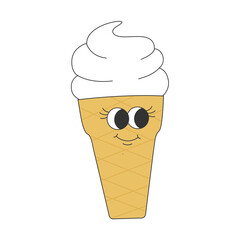 Groovy hippie ice cream character. Cartoon cute dessert in trendy retro style. Isolated vector illustration
