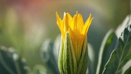  a close - up of a yellow flower with green leaves in the foreground and a blurry background of green leaves in the foreground, with a blurry background.
