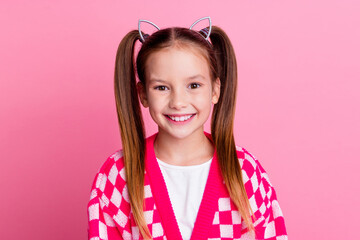 Portrait of positive cheerful girl with ponytails cat ears on head wear print sweater toothy smiling isolated on pink color background