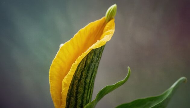  a close up of a flower with a green stem and a yellow flower bud in the center of the flower and a green stem in the middle of the flower.
