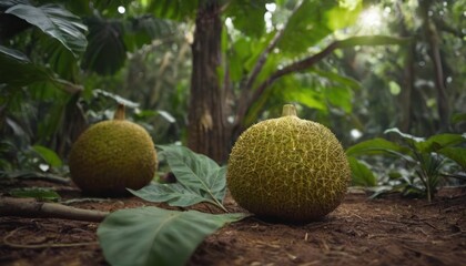  a group of fruit sitting on top of a dirt ground next to a forest filled with green leafy trees and a lush green forest filled with lots of leaves.