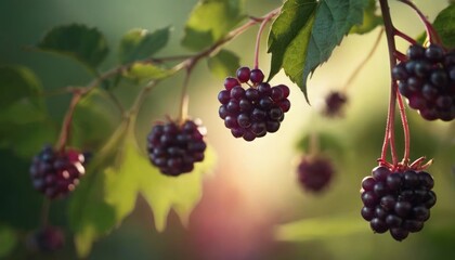  a close up of a bunch of berries on a tree branch with green leaves in the foreground and a blurry background in the background of the foreground.
