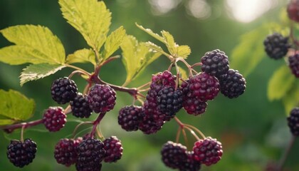  a bunch of blackberries hanging from a branch with green leaves on a sunny day in the background, with a blurry background of green leaves in the foreground.