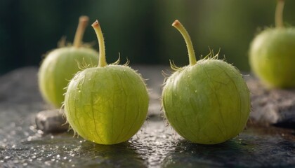  a group of green fruit sitting on top of a wooden table next to a leafy green plant on top of a wet surface with drops of water on the surface.