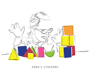 kids with down syndrome. Hand drawn line art vector of a cute little girl with painted hands. Downs syndrome awareness.