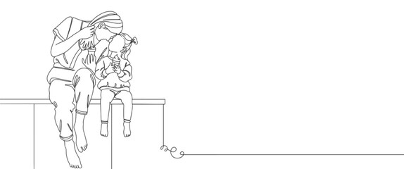 Happy mom with her female child in line art style. Mother and daughter . Minimalist black linear sketch isolated on white background. Vector illustration