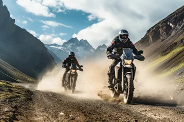 Foto op Aluminium Male biker on motorcycle rides off-road in mountains in highlands, beautiful mountain landscape, clouds sky, autumn season. Active leisure, travel, sport concept. Generative ai . © yrabota